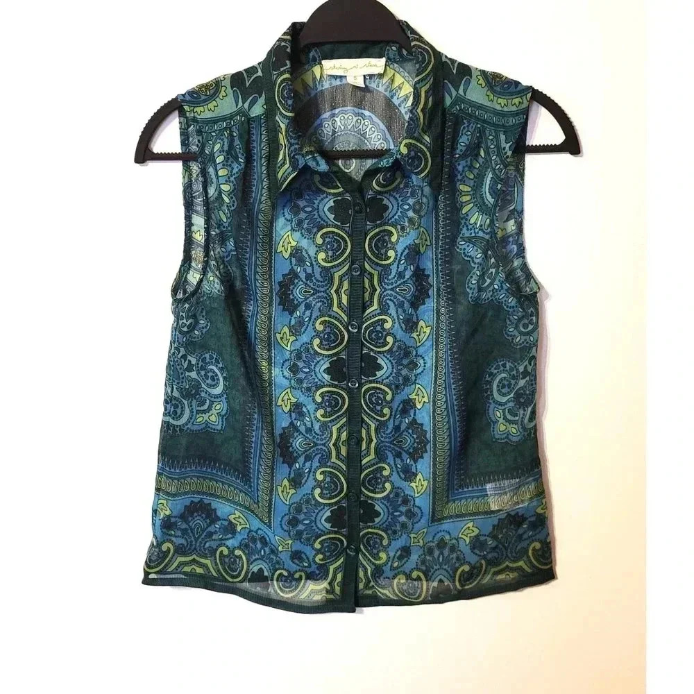 Urban Outfitters Staring at Stars Green Print Collared Tank Top Button‎ Down S